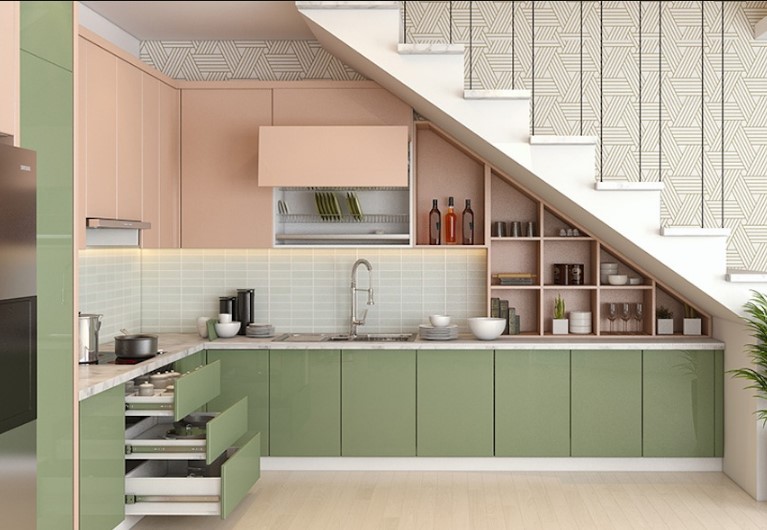 Tuỳ theo diện tích mà lựa chọn mẫu tủ bếp cho phù hợp ở vị trí dưới cầu thang