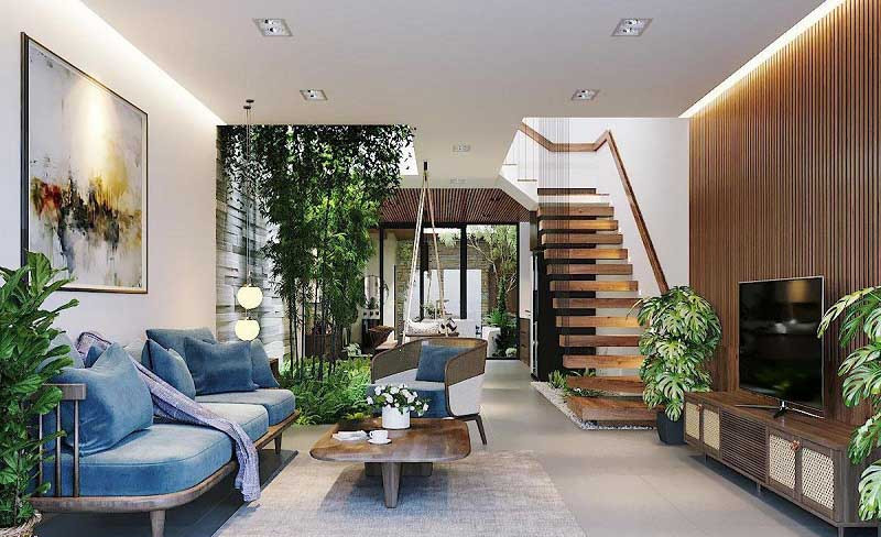 Cầu thang bay cho phòng khách thiết kế nhiều không gian xanh