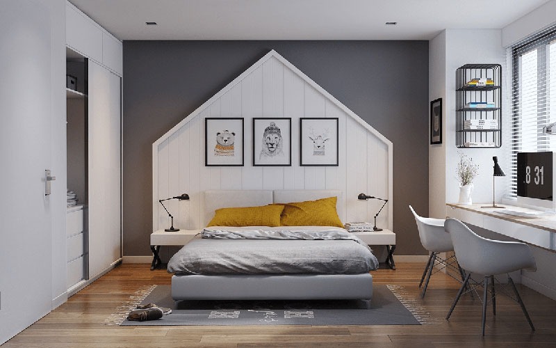 Mẫu thiết kế phòng ngủ kết hợp làm việc theo phong cách tối giản 2