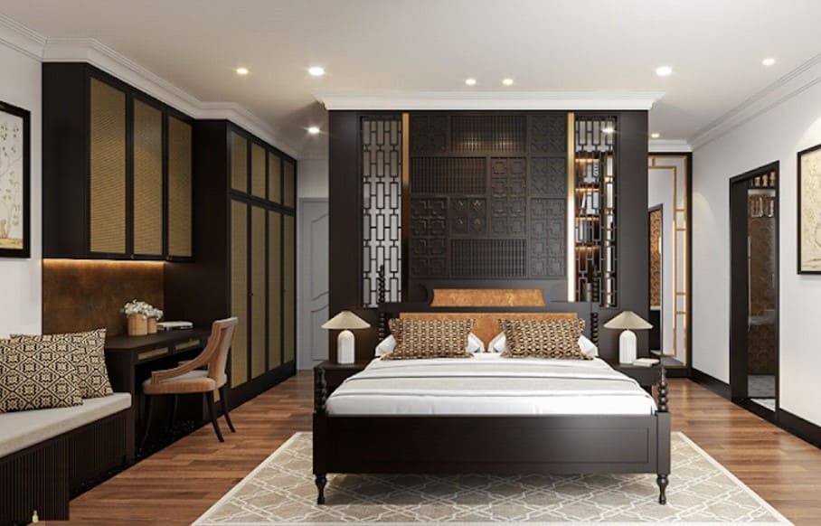 Mẫu thiết kế phòng ngủ kết hợp làm việc theo phong cách Indochine 2
