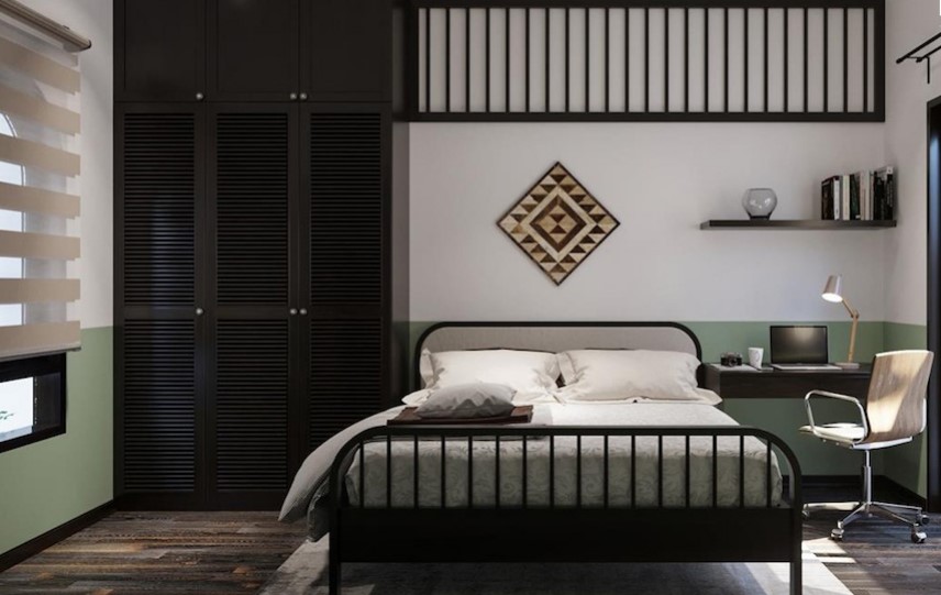 Mẫu thiết kế phòng ngủ kết hợp làm việc theo phong cách Indochine 3